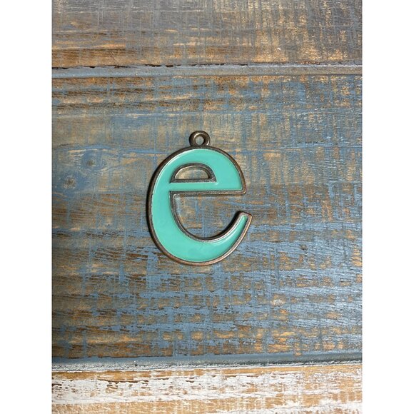Turquoise "E" Monogram Pendant Keychain Charm Metal & Enamel Jewelry - Picture 1 of 3